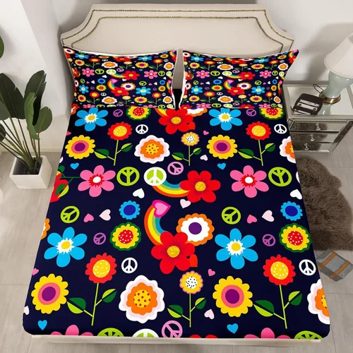 Miniatura 21 de Juego de ropa de cama de flores Groovy de los años 70, sábana bajera ajustable de flores de arco iris para niños y niñas, sábanas de ropa de cama