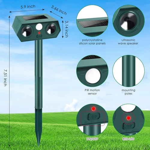 Miniatura 7 de Repelente solar ultrasónico de animales 2026, dispositivos repelentes de ciervos sónicos y repelente de gatos al aire libre, sensor de movimiento