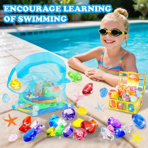Miniatura 6 de Rileryan Juego de 36 juguetes de buceo en la piscina para niños, anillos de buceo y palos, juguetes de natación, tesoros piratas, gemas de cofre