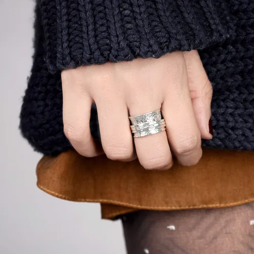 Miniatura 7 de Boho-Magic Anillo giratorio de plata de ley 925 con flores para mujer, anillo para aliviar la ansiedad