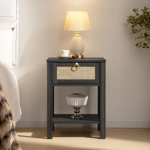 Miniatura 11 de SICOTAS Mesita de noche de ratán, cajón decorativo de ratán con perillas de latón, mesita de noche, mesa auxiliar bohemia con estante