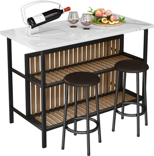 AWQM Isla de cocina con asiento y estante de almacenamiento, mesa de isla de mármol sintético para cocina, mesa de bar moderna y sillas para 2,