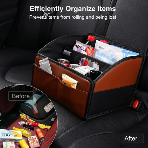 Miniatura 5 de Organizador de cuero para asiento de automóvil, caja de almacenamiento plegable para asiento delantero, asientos traseros y piso, divisor extraíble