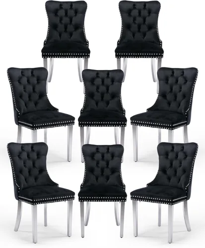 Miniatura 96 de Juego de 2 sillas de comedor de terciopelo tapizadas con ribete de cabeza de clavo y patas doradas chapadas en acero inoxidable para cocina