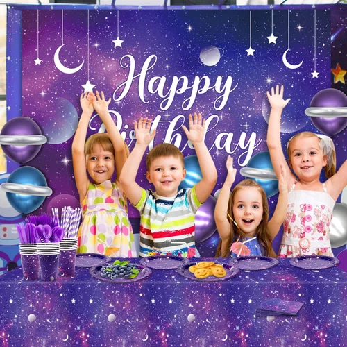 Miniatura 6 de Suministros de fiesta de galaxia, incluye telón de fondo de cumpleaños de galaxia espacial, platos, servilletas, vasos, mantel, globos, globos