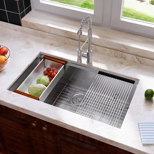 Miniatura 9 de Fregadero de cocina moderno con estación de trabajo de calibre 18 de 30 pulgadas, fregadero de cocina R10 de acero inoxidable de radio ajustado
