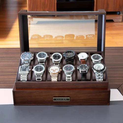 Miniatura 3 de KAMIER Caja organizadora de relojes con 12 ranuras para hombres, organizador de caja de reloj de madera de dos niveles para hombres con soporte