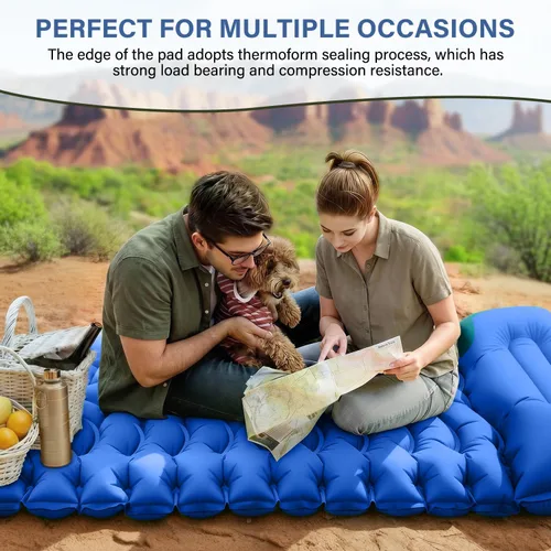 Miniatura 6 de FUN PAC Almohadilla de dormir para acampar con almohada Bomba de pie incorporada Esterilla de dormir inflable compacta para acampar mochilero Azul