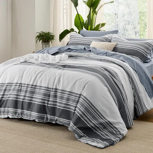 Miniatura 31 de Bedsure Juego de ropa de cama con edredón tamaño individual de 5 piezas, juego de ropa de cama a rayas azules para todas las estaciones, reversible