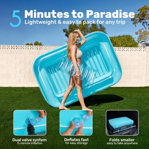 Miniatura 6 de SLOOSH Flotador inflable, camastro para adultos, con almohada, 178 x 117 cm, 4 en 1: balsa-tina bronceadora, camastro para tomar el sol, fiestas Azul