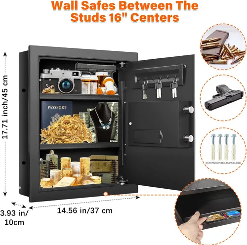 Miniatura 3 de Caja fuerte de pared de 17.7 pulgadas de alto entre los postes de 16 pulgadas, caja fuerte de pared oculta con 2 estantes extraíbles y bandeja