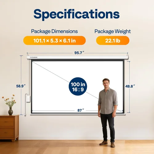 Miniatura 8 de VIVOHOME Pantalla de proyector motorizada con control remoto, pantalla de proyección eléctrica automática de 16:9 de 100 pulgadas, pantalla