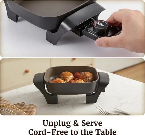 Miniatura 5 de Elite Gourmet EG808C - Sartén eléctrica de 8 x 8 pulgadas sin PFAS antiadherente, tapa ventilada de vidrio templado, termostato extraíble de 200 a