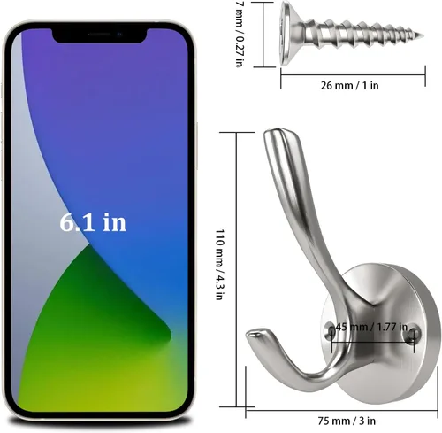 Miniatura 6 de Ganchos de pared plateados para toallas, paquete de 2 ganchos de pared de níquel cepillado, ganchos de pared resistentes para abrigos, batas