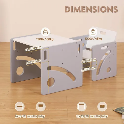 Miniatura 5 de FUNLIO Juego de mesa y silla ajustable para niños de 1 a 3 años, Juego de mesa y silla de madera maciza Montessori de calidad, Juego de mesa y silla