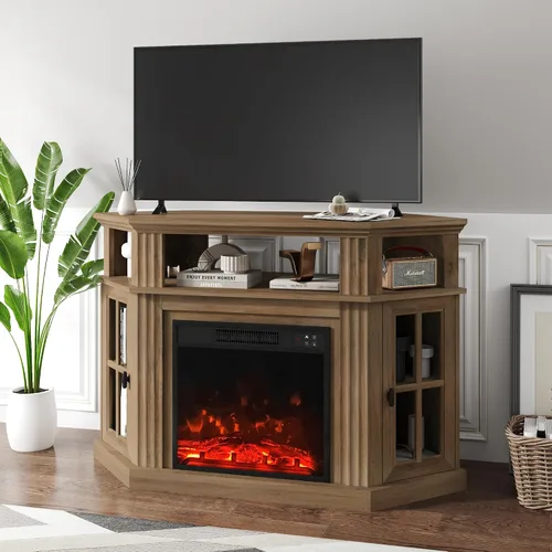 Miniatura 5 de YESHOMY Soporte esquinero para TV con chimenea para televisores de hasta 55" con gabinetes de almacenamiento, centro de entretenimiento, consola