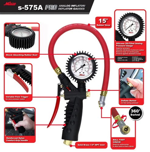Miniatura 3 de Milton S-575A Pro Analog Pistol Grip Inflator Gauge with Pressure Gauge - 15" Hose Ball Foot Chuck, Assembled in USA 230 PSI