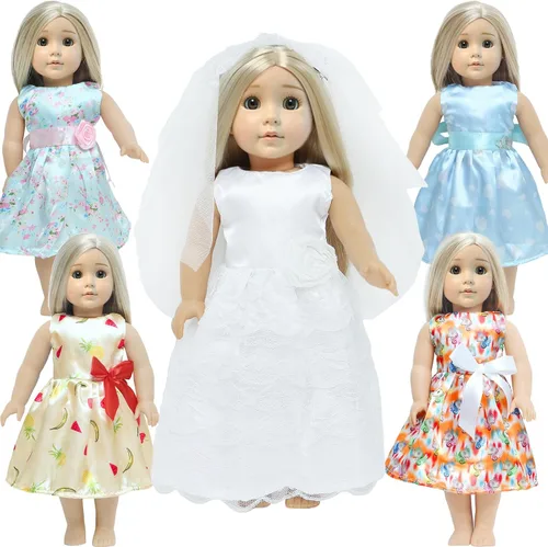 5 juegos de vestido de novia de muñeca de 18 pulgadas, ropa de moda y accesorios, 1 vestido de novia con velo, 4 vestidos de muñeca de satén, regalo