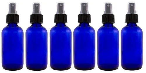 Botella de vidrio azul cobalto, 4 onzas, con rociador de niebla fina color negro (6 unidades)