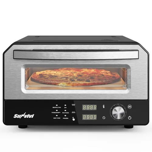 Horno de pizza para interiores y exteriores: calienta hasta 750 ℉, hasta 12 "Máquina de pizza eléctrica de encimera con 6 preajustes, perilla de