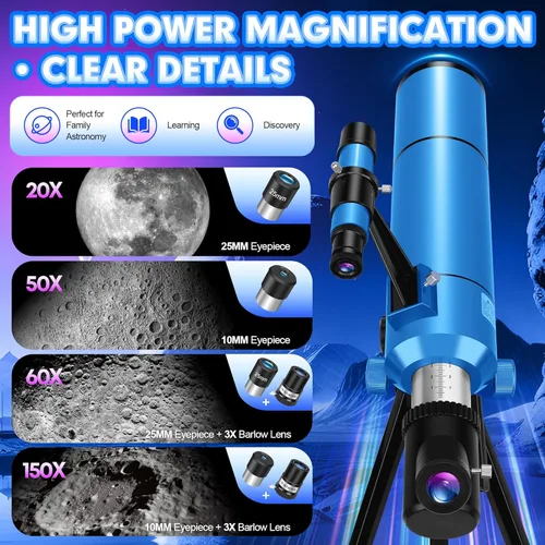 Miniatura 4 de Telescopio para adultos y niños, apertura de 80 mm, 500 mm (20X-150X) Telescopio refractor profesional para principiantes de astronomía, telescopios