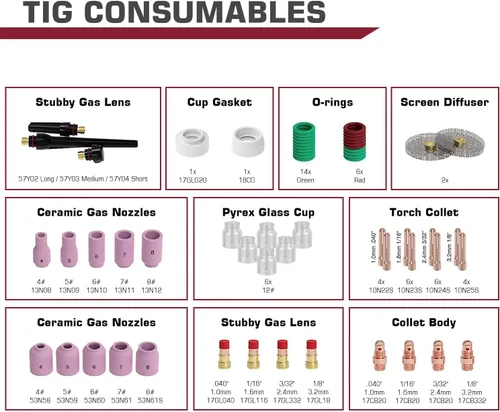 Miniatura 2 de ARCCAPTAIN TIG Kit de accesorios de soplete de soldadura 71 unids boquilla de alúmina Collets Cuerpo Stubby Gas Lens #12 Copa de vidrio consumibles