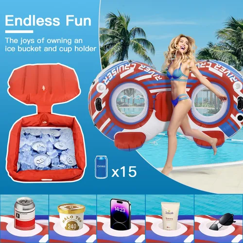 Miniatura 8 de River Tubes for Floating Heavy Duty Inflatable Floating Lounger Premium River Water Rafts Pool Float with Cup Holder Above Lake for Adults Rojo