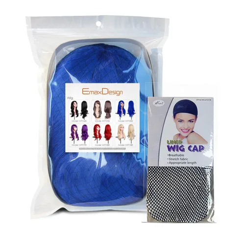 Miniatura 5 de EmaxDesign Pelucas de 28 pulgadas ondulado rizado Cosplay peluca con gorra de peluca y peine (azul oscuro)
