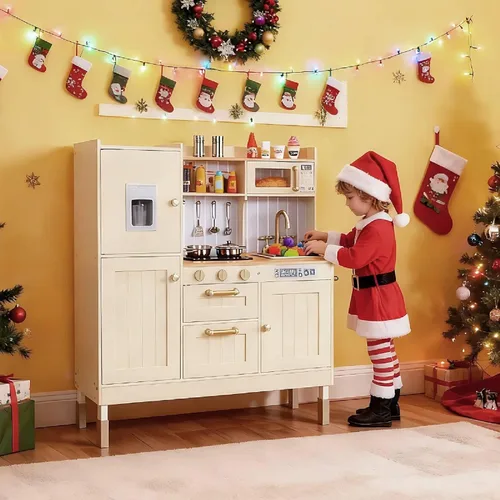 Miniatura 4 de Arlopu Cocina de Juguete para Niños, Juegos de Cocina de Madera para Niños Pequeños, Set de Cocina de Simulación con Almacenamiento y Accesorios