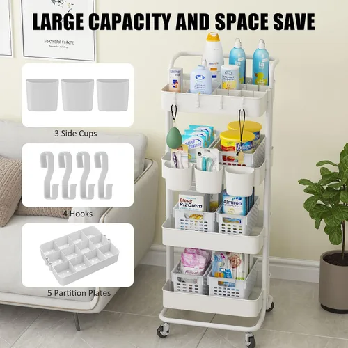 Miniatura 5 de Devo Carrito con ruedas de 4 niveles, carrito de almacenamiento resistente, con asa, 4 ganchos laterales, 2 tazas de almacenamiento y ruedas