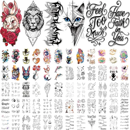 Miniatura 2 de 77 hojas de tatuajes temporales, 17 hojas de tatuajes de medio brazo de gatos, perros, conejos, leones y elefantes lindos para hombres, mujeres