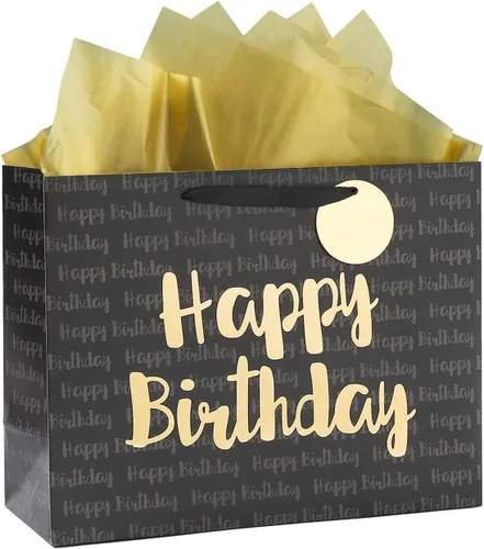 Loveinside Bolsa de regalo de cumpleaños negra y dorada con papel de seda para cumpleaños, baby shower, hombres, fiestas y más, 13 x 5 x 10