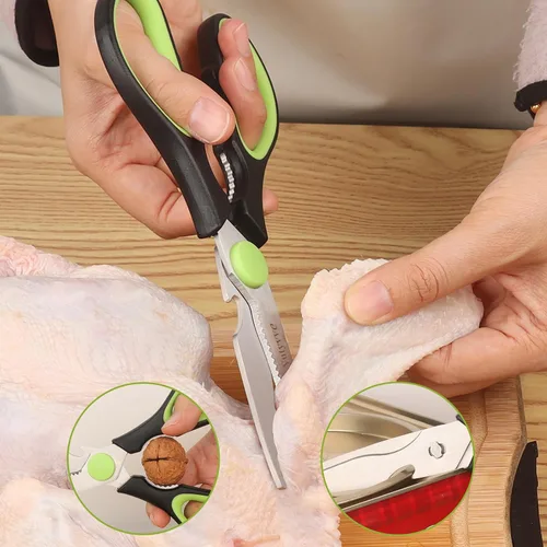 Miniatura 2 de Tijeras de cocina, cuchillas de acero inoxidable, agarre suave, juego de tijeras de cocina multiusos resistentes, negro/verde, juego de 4 piezas