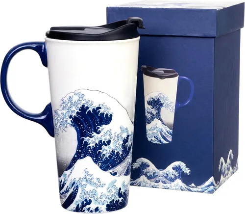 Miniatura 13 de Taza de cerámica de viaje de Voltugar con tapa y asa para el hogar y la oficina, taza de té alta de porcelana con diseño de olas y caja