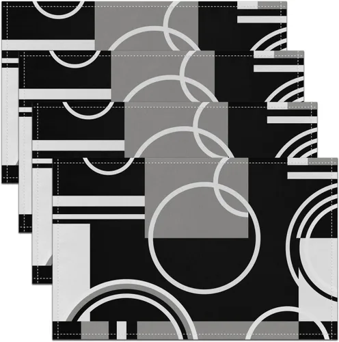 Miniatura 5 de Manteles individuales modernos de 12 x 18 pulgadas, color gris, negro, azul, rayas, geométricos, juego de 4 manteles individuales retro circulares