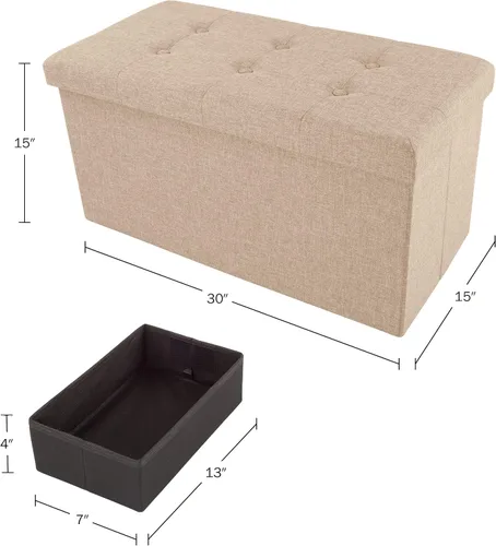 Miniatura 3 de Lavish Home Otomana plegable de almacenamiento, juego de 2 reposapiés copetudos de 30 pulgadas, baúl o banco de lino con contenedor extraíble