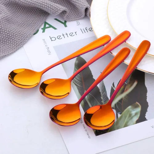 Miniatura 3 de Buyer Star Juegos de cucharas de caldo, cucharas de sopa redondas de 7 pulgadas, cucharas de cena de mesa con acabado de acero inoxidable Rojo