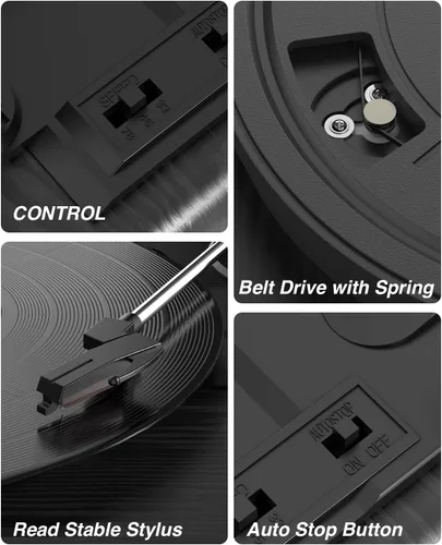 Miniatura 4 de MONODEAL - Tocadiscos de vinilo con altavoces, tocadiscos de 3 velocidades para discos de vinilo con transmisor Bluetooth, parada automática, salida