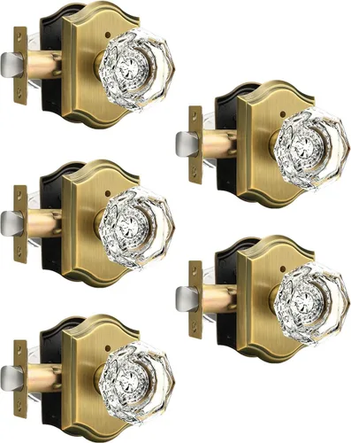 Gobrico Cerraduras de puerta interiores en latón antiguo, pomos octogonales de cristal para cama/baño, manijas de puerta con función de privacidad,