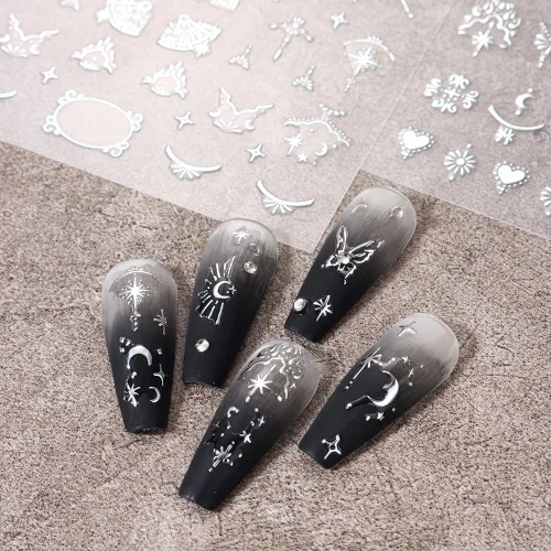 Miniatura 4 de Calcomanías de uñas metálicas plateadas 3D – Calcomanías de uñas para mujer, diseño de estrellas, luna y sol, decoración de mariposas y bohemio
