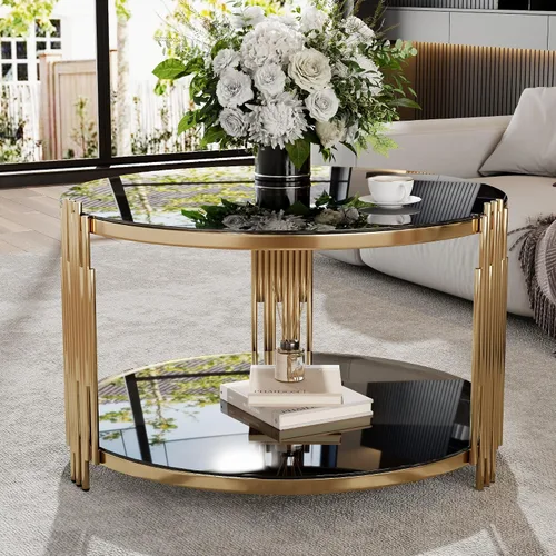 Miniatura 31 de KEVINSPACE Mesa auxiliar negra con borde dorado en la parte inferior, mesa de centro redonda para espacios pequeños, mesa auxiliar de madera mesita