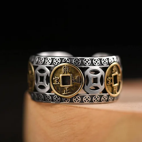 Miniatura 2 de Anillo de plata 925, anillo chino de la suerte con dinero antiguo, adecuado para joyas ajustables para hombres