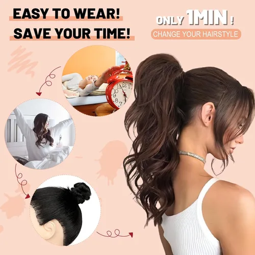 Miniatura 5 de Extensión de cola de caballo de 22 pulgadas y 24 pulgadas de largo, ondulado y lacio, extensiones de cabello sintético de aspecto natural
