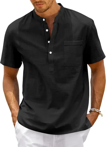 Enjoybuy Men's Linen Henley Shirts Summer Beach Short Sleeve Loose Fit T Shirt Button Up Lightweight Casual Tops