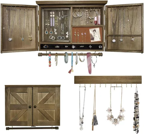Miniatura 9 de Organizador de joyas rústico montado en la pared con decoración de puerta de granero de madera, soporte de pared de madera, soporte de joyería