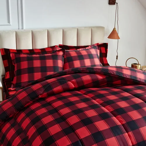 Miniatura 3 de Juego de Edredón y Sábanas de Navidad Queen en una Bolsa, 7 Piezas, Cuadros Búfalo Gingham Rojo y Negro, Juego de Ropa de Cama Estilo Navideño