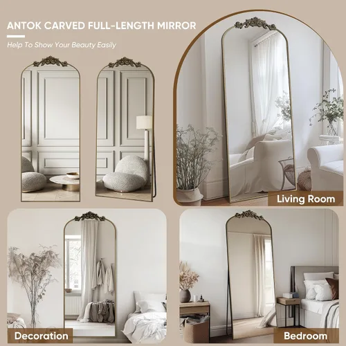 Miniatura 6 de Antok - Espejo de cuerpo completo arqueado, 65"x24" de piso con tallado, espejos de cuerpo completo para decoración del hogar, espejo de pared Bronce