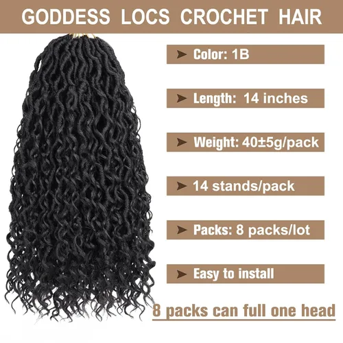 Miniatura 2 de COOKOO 14 pulgadas, 8 piezas de cabello de ganchillo Goddess Locs en total 112 hebras de pelo sintético negro natural de ganchillo de río hippie