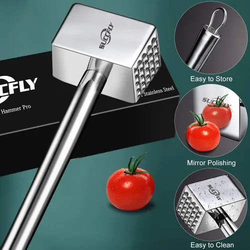 Miniatura 6 de SUCCFLY Ablandador de carne de acero inoxidable, martillo de carne resistente, mazo de carne de cocina, 1.65 libras, martillo con peso, mango