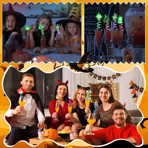 Miniatura 7 de JANYUN - Pajitas luminosas de Halloween, 20 piezas de pajitas de plástico reutilizables y luminosas, suministros para fiesta de Halloween, pajitas